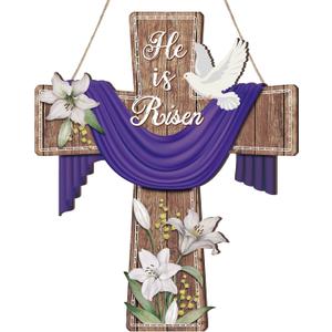 BBTO Easter Door Sign He Is Risen Hanging Decor Religious Cross Sign Easter Wreaths for Front Door Christian Flowers Lent Hanging Hanger for Farmhouse Front Porch (Cross,13.1 x 10.6 Inches)