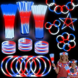 200 Pcs 4th of July Glow Sticks with Connectors,Red White Blue 3 in 1 Glow Bracelets and Necklaces Patriotic Glow Stick for 4th of July Accessories 250th Anniversary Party Supplies Independence Day