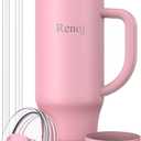 Renoj Insulated Mug 100% Spill Resistant Insulated Water Bottle for Iced Coffee & Hot Drinks - Fits Car Cup Holder, Ideal Gift, 2 Straws & Silicone Boot - FlexSlide Pink 40 oz