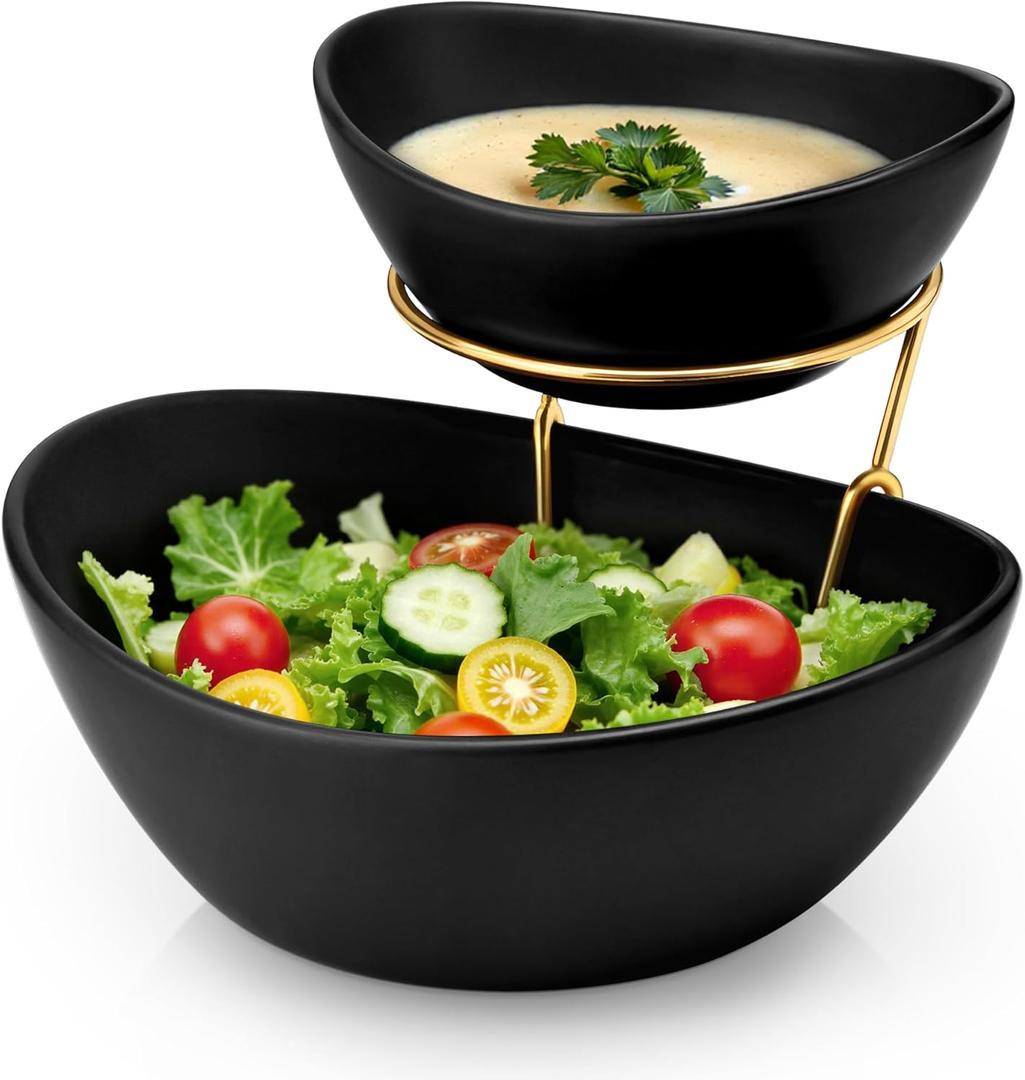 MALACASA 2 Tier Chip and Dip Serving Set with Metal Stand,Ceramic Appetizer Bowls for Party, Multi-Use Food Display for Fruits, Snacks,Black Elegant Tiered Serving Dishes for Party