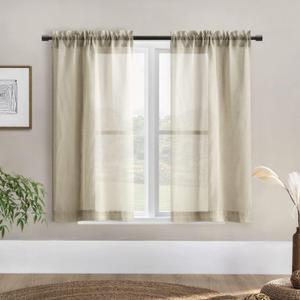 Rustic Curtains for Kitchen Window,Rod Pocket Linen Sheer Country Curtains for Short Windows,2 Panels Set,42 Inch Long,Tan