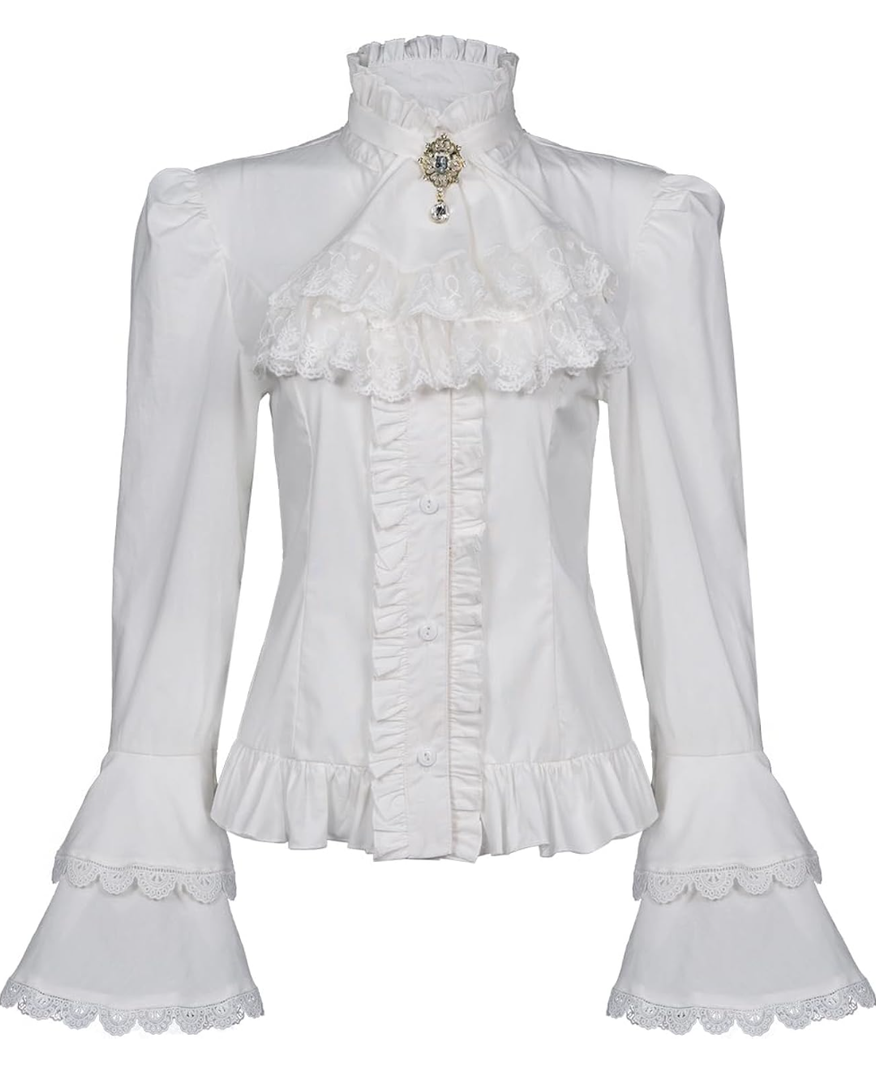 Mingyuezai Victorian Blouse Womens Gothic Pirate Shirt Vintage Long Sleeve Lotus Ruffle Tops XL
