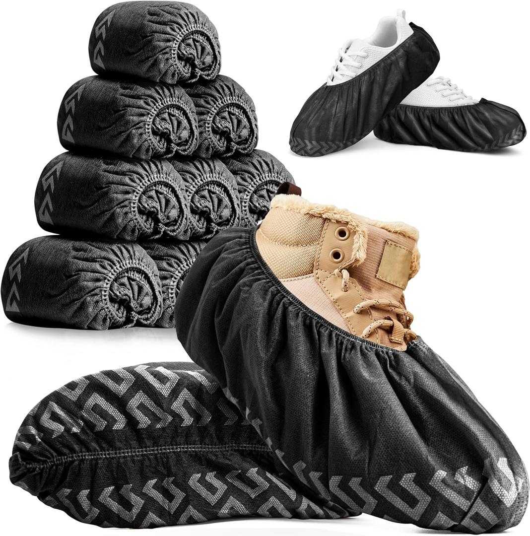 Premium Boot & Shoe Covers Disposable Booties - 100 Pack - Durable, Non-Slip, Non-Toxic, Water Resistant, Recyclable Protectors for Indoor & Outdoor - Large Size Fits Most Shoes (Black)