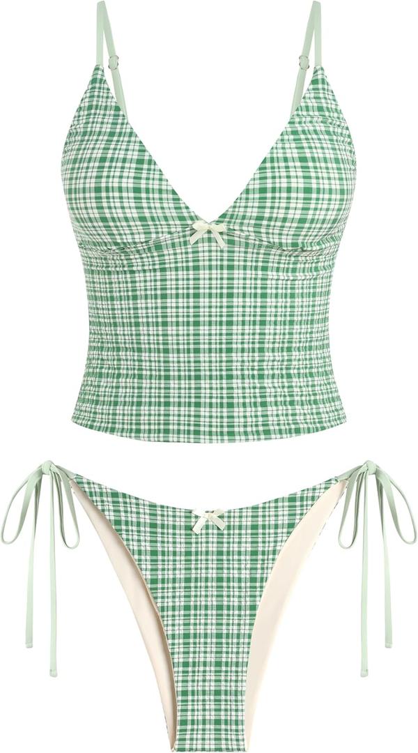 ZAFUL Women's Spaghetti Strap Tankini Swimsuits V Neck Tummy Control Tie Side Thong Bikini Swimsuits 2 Piece Bathing Suits (Green, L)