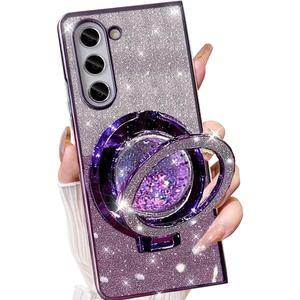 for Samsung Galaxy Z Fold 6 Glitter Kickstand Case, Cute Luxury Bling Sparkly with Liquid Flowing Ring Stand Soft TPU Plating Bumper Protective Case for Women Girls for Galaxy Z Fold 6,Purple