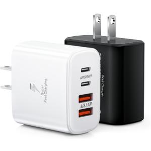 40W USB C Charger Black, 2-Pack USB C Wall Plug Fast Charging Block, 4-Port PD+QC Power Adapter Multiport Brick Type C Box Dual Charger Block for iPhone 17/16/15/14/13/12/11/Pro Max, Samsung, iPad