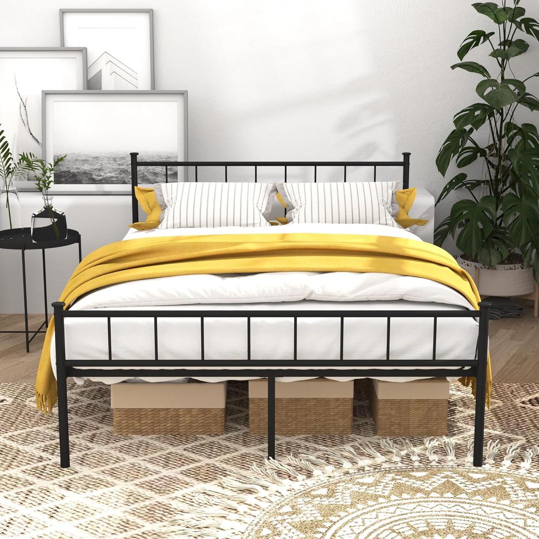 Queen Metal Platform Bed Frame, Victorian Vintage Style, Wrought Iron Headboard, Steel Slats, No Box Spring Needed (Black, Full)