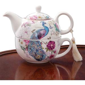 Bits and Pieces Tea for One Porcelain Teapot & Cup Set Decorative Tassel on Teapot Handle Elegant Gift Box in Peacock