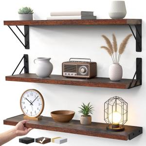 BAYKA 23-in Floating Wall Shelves, Rustic Wood Wall Shelves for Bedroom, Bathroom, Kitchen & Living Room, Display Shelf for Books, Plants & Decor (Rustic Brown)