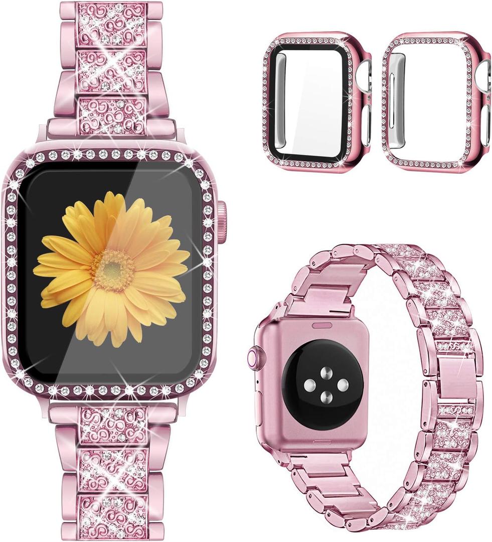 Mesime Compatible for Apple Watch Band with Screen Protector Case, Jewelry Replacement Bands 46mm 45mm 44mm 42mm 41mm 40 mm 38mm 2 Pack Protective Cover for iWatch Series 10/9/8/7/6/5/4/3/2/1/SE Women (Pink)