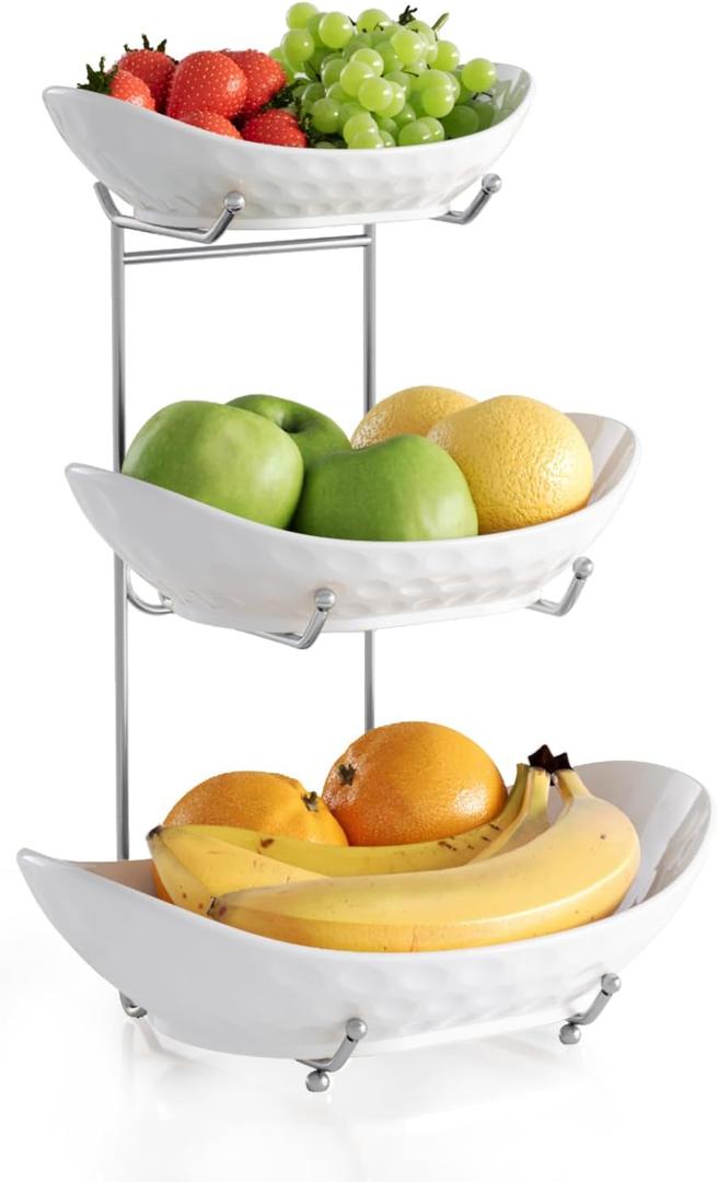Fruit Bowl, 3 Tier Ceramic Fruit Basket, 3 Tier Serving Stand Serving Bowl with Metal Rack, Porcelain Kitchen Bowls for Fruit Vegetable Snack Nuts Dessert Cake Tray for Party Wedding, White