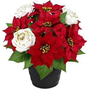HUAESIN 14inch Artificial Poinsettias 9 Heads Faux Poinsettia Potted Mixed White Roses Poinsettias Artificial Christmas Flowers for Office Home Table Centerpiece Outdoor Garden Xmas Decor