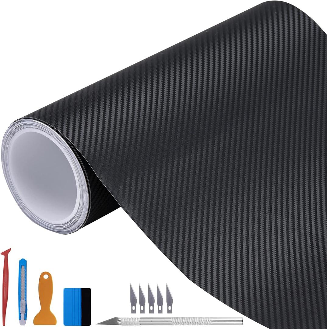 LZLRUN 3D Black Carbon Fiber Vinyl Wrap Roll with Air Release - Outdoor Rated for Automotive Use - 4ft x 10ft
