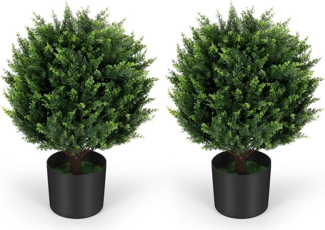 21''T Artificial Cedar Topiary Ball Tree 2 Pack, Outdoors Artificial Shrubs Fake Plants Uv Rated Potted Plants for Outdoor, Indoor, Front Door, Office Decor.