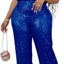 Vaceky Women's Sequin Elastic Waist Trousers (3X-Large, Blue)