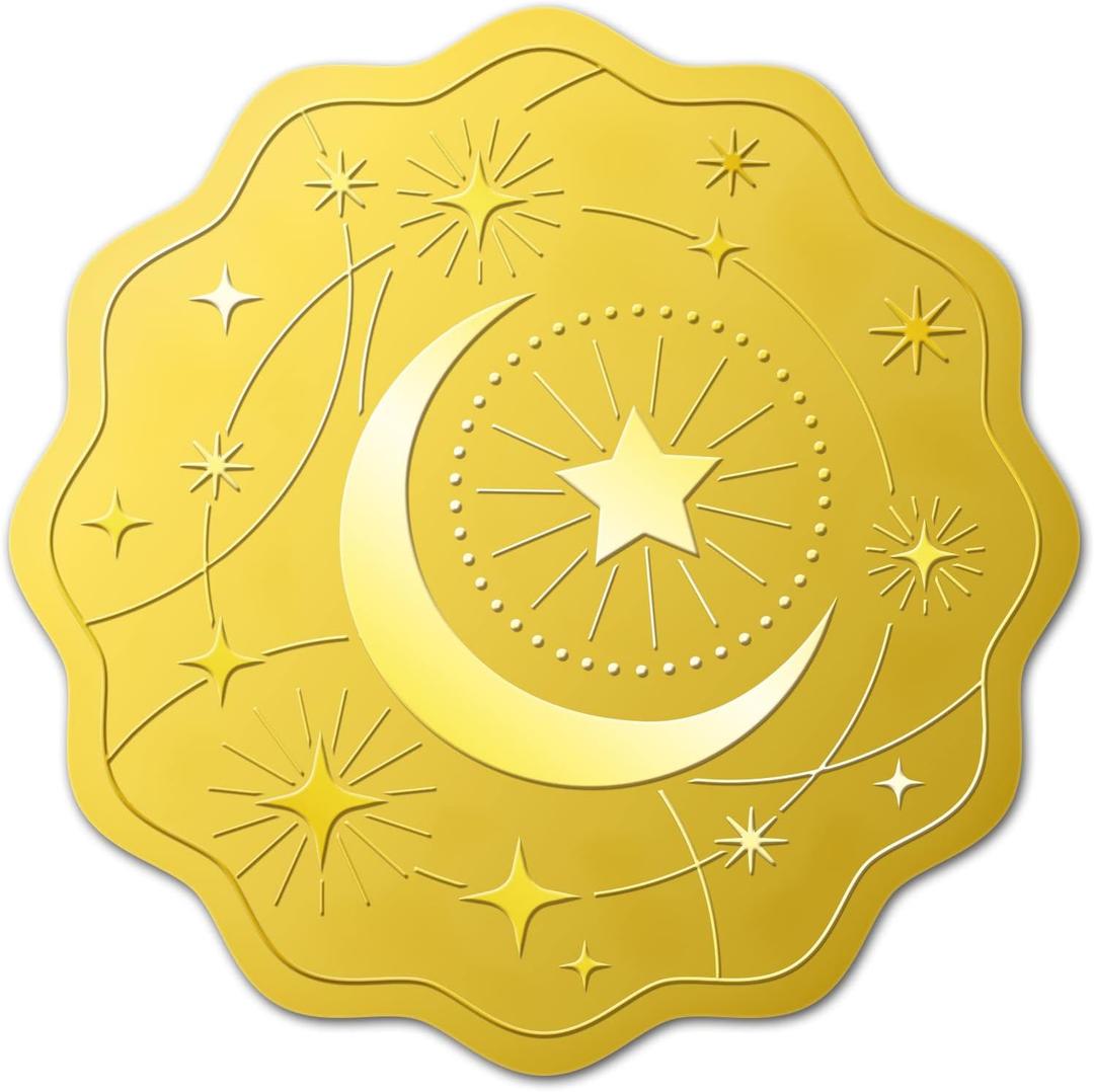 BENECREAT 100pcs Moon and Star Pattern Self Adhesive Gold Foil Embossed Stickers, Embossed Gold Certificate Seals for Wedding Invitations Envelope Graduation Seals, 5x5cm/2x2inch