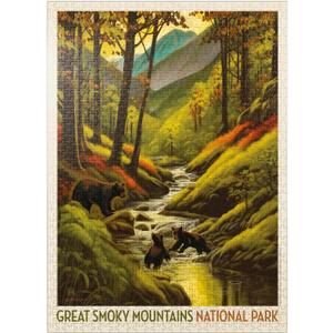 MyPuzzle Great Smoky Mountains National Park: Splashing Cubs, Vintage Poster - Premium 1000 Piece Jigsaw Puzzle for Adults