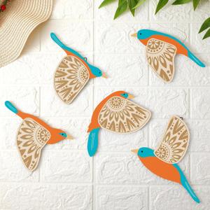Barydat 5 Pcs Wooden Bird Wall Art Wood Flying Birds Wall Decor Rustic Folk Art Scandinavian Home Decor for Gift Living Room Bedroom Kitchen Office(Teal)