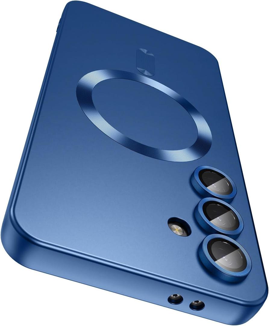 LEKEVO Magnetic for Samsung Galaxy S25 Case [Compatible with MagSafe][Built-in Camera Lens Protector] Slim Soft Silicone Bumper Shockproof Metallic Luster Phone Case (Blue)