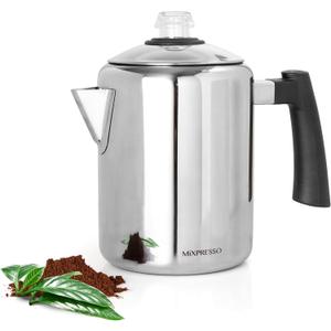 Mixpresso Stainless Steel Coffee Percolator Stovetop, 37oz Classic Percolator Coffee Pot, Great For Camping Pot, 5-8 Cup Stove Top Espresso Maker, Cool-Touch Handle