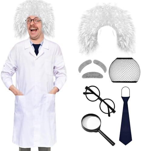 XonyiCos 8 Pcs Mad Scientist Costume for Adult Halloween Albert Einstein Costumes Mad Scientist Wig Lab Coat (White,XL)