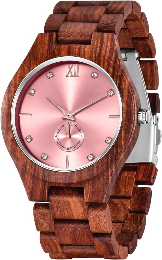Men's Handmade Wooden Watches Mens Lightweight Analog Quartz Wood Mens Wrist Watch (red)