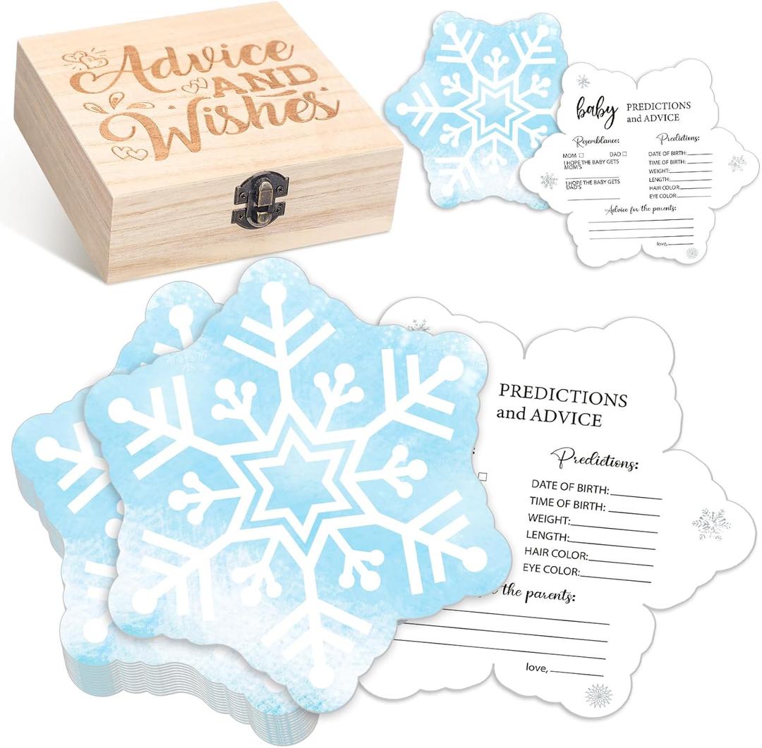 RattanView 50 Pcs Double Side Fall Baby Prediction And Advice Game Cards with Wooden Keepsake Box Floral Pumpkin Thanksgiving Day Game Cards(Blue Snowflake)