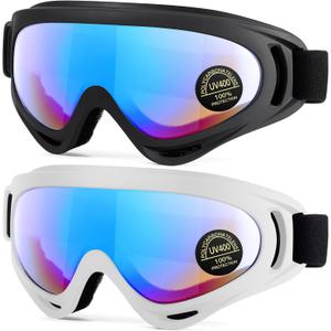 2-Pack Snow Ski Goggles, Snowboard Goggles for Men, Women, Youth, Kids, Boys or Girls (06.black Frame With Multicolor Lens + White Frame With Multicolor Lens)