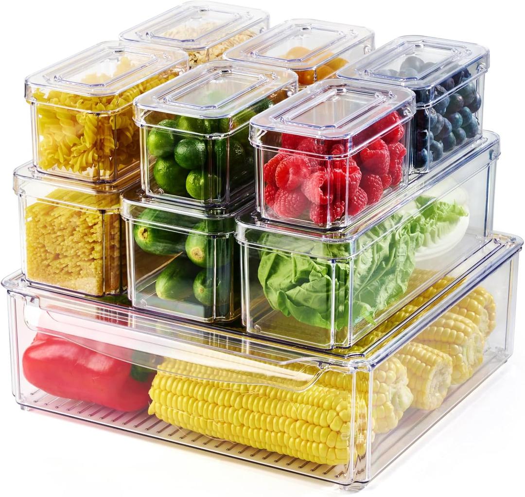 10 Pack Clear Fridge Organizer, Stackable Refrigerator Organizer Bins with Lids, Fridge Storage Containers for Kitchen, Food, Cabinets, Fruits, Vegetables, Cereals