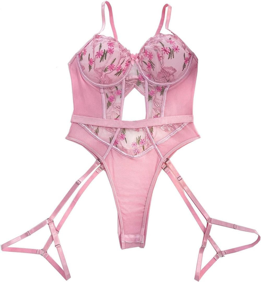 SHENHE Women's Sexy Floral Embroidery Sheer Lace Corset Teddy One Piece Bodysuit Lingerie Set with Garter Straps XL