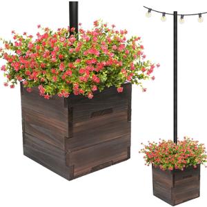 Extra Large Decorative Wooden Planter w/ Universal Pole Support for String Light Poles,Umbrellas,Bird Feeders. Solid Wood Outdoor Garden Patio Box for Plants(Does not include Pole), 17"x17"x18", Brown