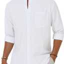 Alimens & Gentle Men's Cotton Linen Shirts Long Sleeve Button Down Shirt Band Collar Beach Shirts 3XL