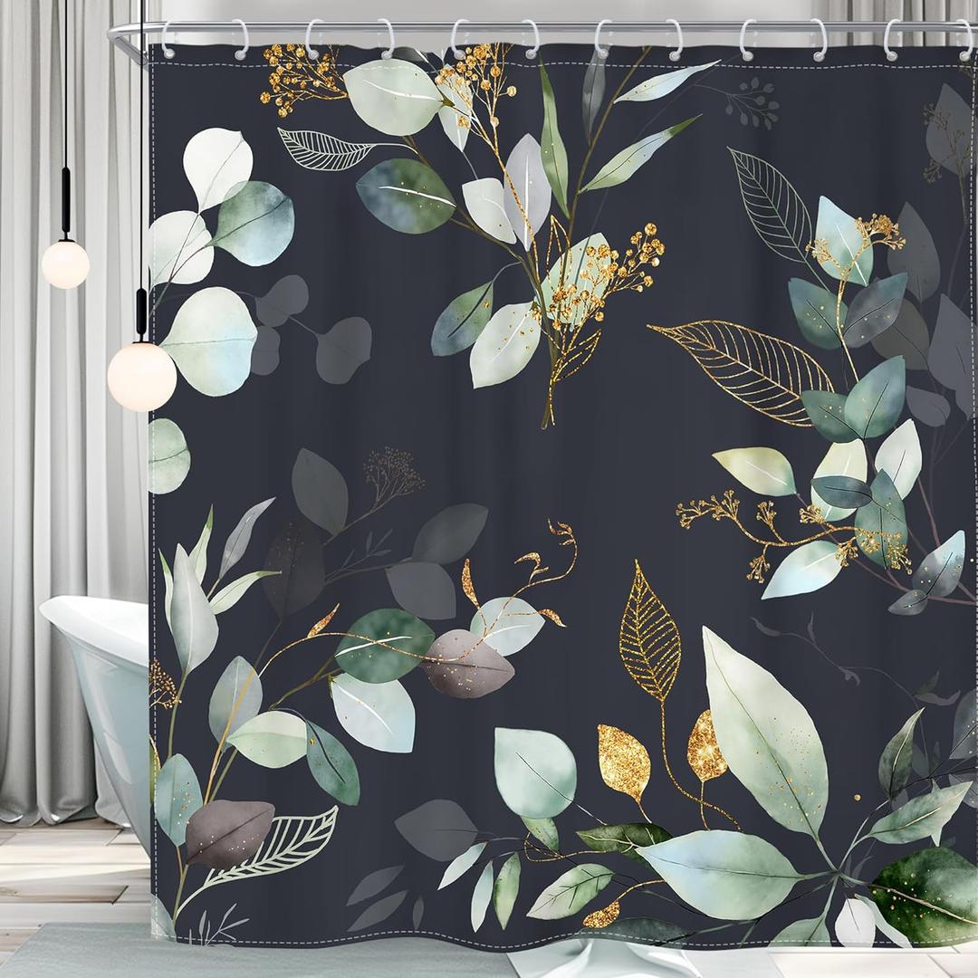 iyidecor Black Green Shower Curtain Rustic Boho Botanical Tropical Eucalyptus Leaf Gold Watercolor Plants Spring 60Wx72H Inch Mid Century Fabric Decor Bathroom Polyester Waterproof 12 Pack Hooks