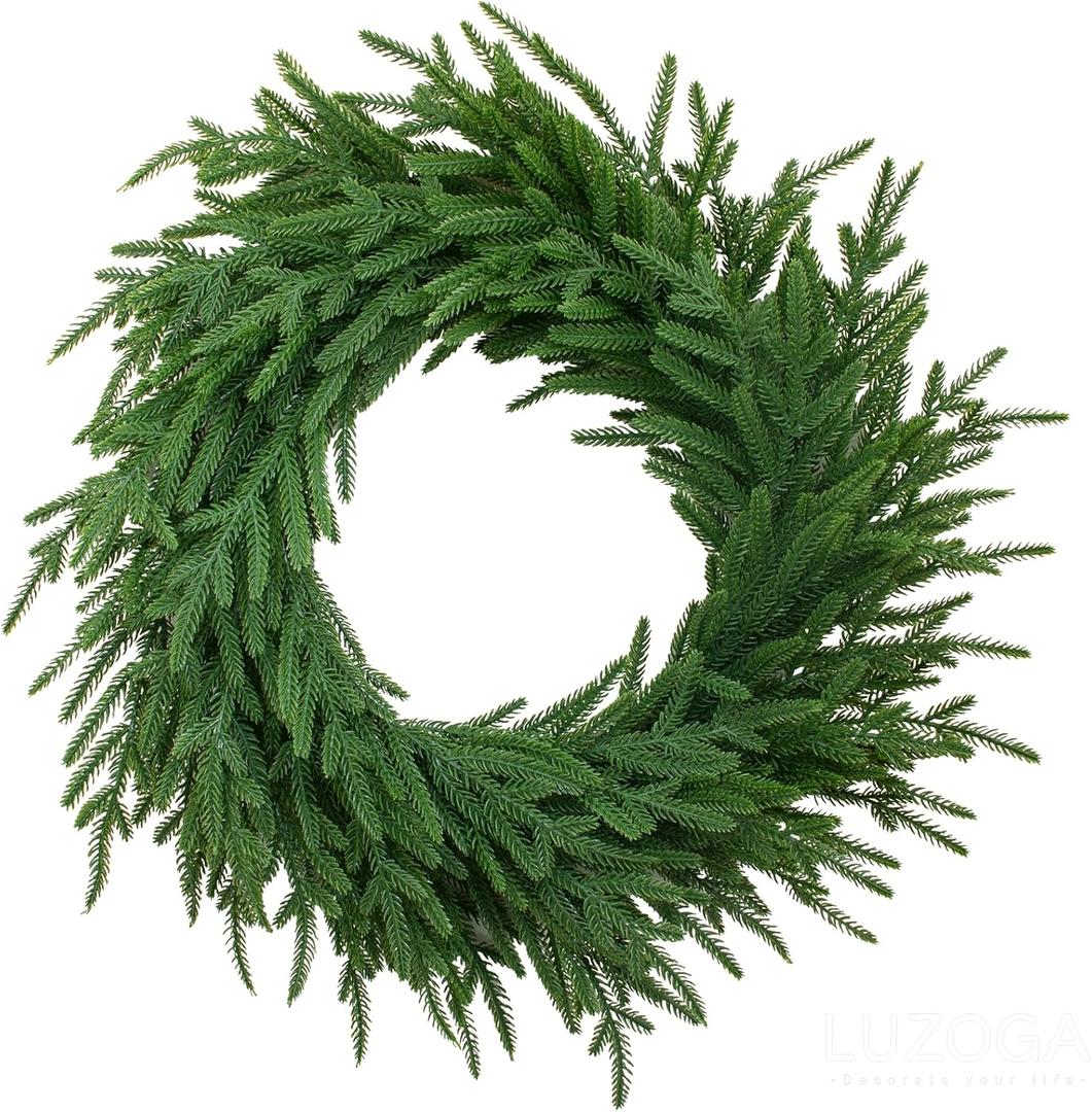 24 Inch Real Touch Norfolk Pine Wreath for Front Door, Artificial Christmas Wreaths Faux Green Pine Needles Wreath Durable and Reusable for Walls Windows Porches Farmhouse Indoor Outdoor Home Decor