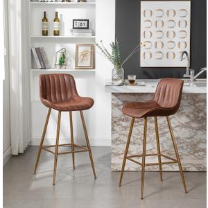 Sidanli Velvet Bar Stools Set of 2, Armless Bar Chairs with Gold Metal Legs, 29inch Counter Height Kitchen Island Stools with Back, Brown