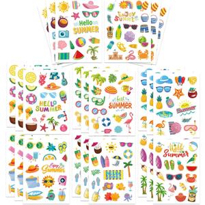24 Sheets Summer Pool Beach Stickers Luau Hawaii Sun Stickers Beach Watermelon Beer Ice Cream Pineapple Sticker for Hawaii Tropical Party Decoration Sticker Summer Holiday Party Favors