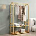 Gold Clothing Rack,Metal Garment Rack with Bottom Storage Shelves and 6 Side Hooks,modern Sturdy clothes racks for hanging clothes,Freestanding Wardrobe Rack for Bedroom or Boutique (L:39.4IN)