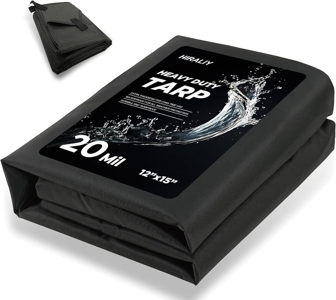 HIRALIY 20 Mil Heavy Duty Waterproof Tarp, 12x15ft Black Tarpaulin with Reinforced Webbing Loops, Multipurpose Oxford Fabric Tarp for Firewood, Roof, Camping, Pool