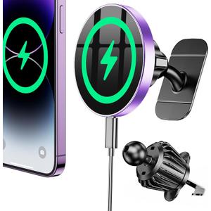 Coolpow for Magsafe Car Mount Charger100% Stable 15W Magsafe Car Charger Magnetic Phone Holders for Your Car Accessories for Women Men car Phone Holder Wireless Car Charger for iPhone (Purple)