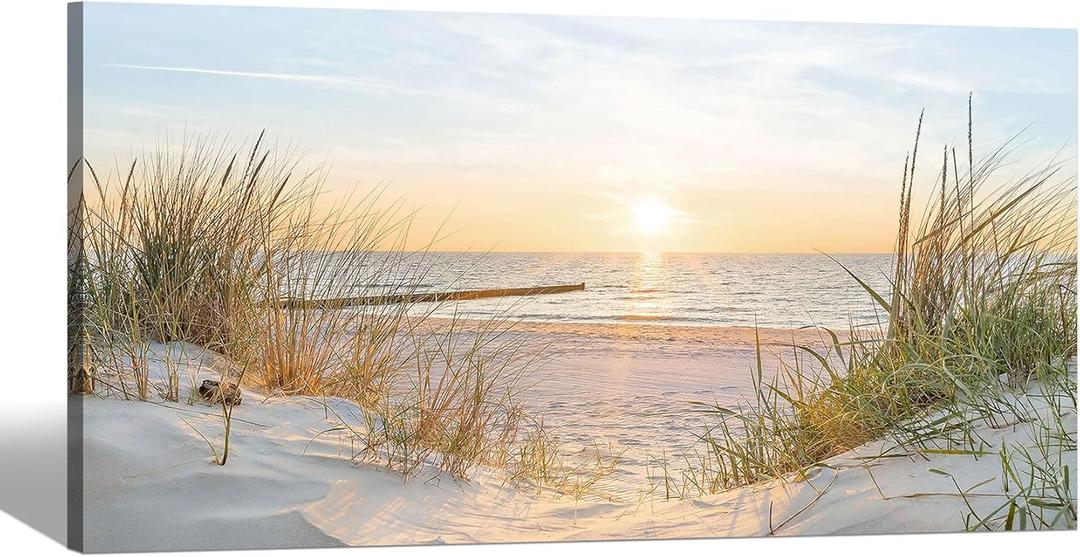 SD SOFT DANCE Canvas Wall Art Beach Picture: Coastal Sunset Painting Decor Ocean Seascape Artwork Sea Seaside Dunes Grass Print for Living Room Bedroom Bathroom 40 x 20 Inch