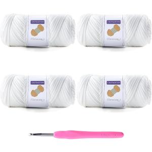 4 Pack Tshirt Yarn for Crocheting, Elastic T Shirt Spaghetti Thick Knitting Yarn Total Length 260 Yds for Crochet Bag Baskets Home Decor with 1 Crochet Hook (4-White)