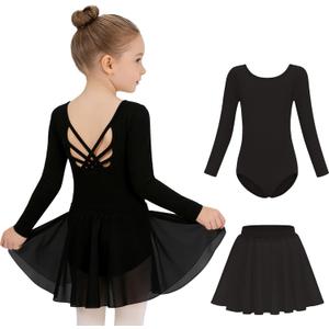 MdnMd Long Sleeve Dance Ballet Leotards for Girls Toddler Skirt Combo Ballerina Dresses Outfit Hollow Knot Back