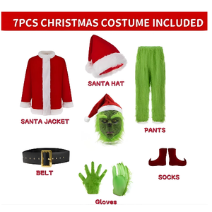 DJKFAEK Green Monster Santa Claus Costumes for Men,Christmas Furry Santa Claus Costume Include Mask for Halloween Cosplay (M)