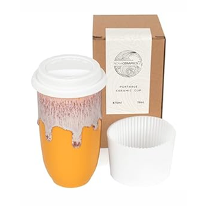 NOVA CERAMICS Ceramic Tumbler– Ceramic Travel Mug With Lid – Microwave & Dishwasher Safe Coffee White & Orange Tumbler - Gifts For Women Men Him Her – 16oz – Grapefruit