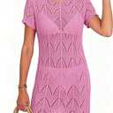 Falechay Womens Cover Ups Crochet Beach Bikini Cover Up Short Sleeve Knit Mesh See Through Swimsuit Coverup Cutout Loose Fit Summer Resort Vacation Outfits Pink S