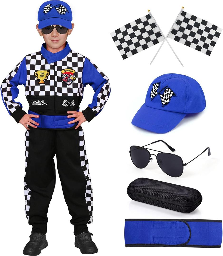 Latocos Kids Race Car Driver Costume Boys Girls Racer Jumpsuit With Car Cap Sunglasses Kids Dress Up Role Play for Halloween (XL(10-12), Blue)