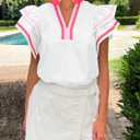 Cicy Bell Womens Ruffle Cap Sleeve Tops Color Block V Neck Dressy Casual Blouses Summer Pleated Loose Fit Shirts (White, M)