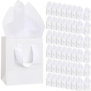 Qilery 50 Pcs Wedding Paper Gift Bags Bulk with Tissue Paper Small Gift Bags with Handle and Tags for Birthday Wedding Mothers' Day Party Business(White,4.7 x 2.4 x 3.9'')