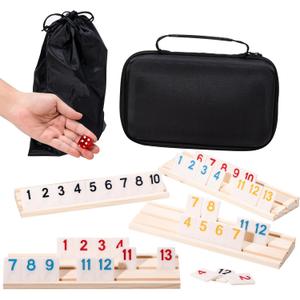 Rummy Cube Game Set, 106 Rummy Tiles with 4 Wooden Racks/Trays, Portable Carrying Case, Classic Family Board Game for Travel and Fun Gatherings