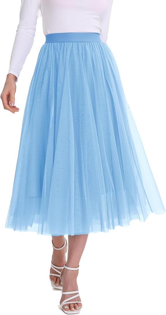 Womens Tulle Skirts Midi Elastic High Waist Pleated Mesh Flowy A-Line Party Long Tutu Skirts (L, Light Blue)